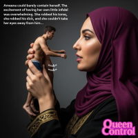 shorts looking_at_tiny handheld story shrunken_man rubbing hijab ai_art queencontrol adults arab