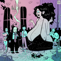giantess drawing black_hair long_hair moon sitting window shrunken_woman shrunken_man night jewelry shooting_star night_sky crescent_moon multiple_boys star_(sky) limited_palette monsieurrobot moster_girl