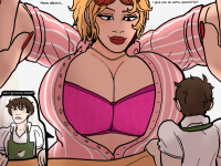 breasts drawing blonde cleavage bra huge_breasts brunette short_hair shrunken_man looking_down english jewelry striped point_of_view mature self_shot sweaterpupster 1girl 1boy giantess