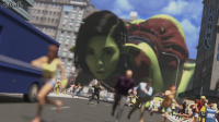 breasts giantess city mega black_hair butt skirt buildings street crawling thighs crowds running_away goblin green_skin pointed_ears digital_render looking_at_tinies nellielle2