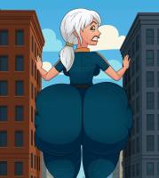 breasts drawing giantess white_hair city mega color butt blue_eyes buildings ponytail ginormica thighs monsters_vs_aliens stuck belt jumpsuit between_buildings looking_behind thick_thighs susan_murphy dreamworks vanilladream34