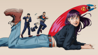 breasts drawing giantess mega black_hair color butt blue_eyes glasses jeans purple_hair shoes lying_down shrunken_man suit costume superman lois_lane cape earrings belt looking_behind reporter on_butt no_background looking_at_tiny dc_comics sensationalnico