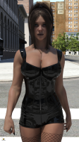 breasts dress leather body necklace digital_render tinyman size_fetish taintedwizard city cleavage buildings brunette bondage shrunken_man chained human_jewelry
