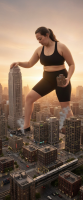 breasts giantess crush city long_hair destruction buildings brunette shorts looking_down skyscraper standing holding top sports_bra digital_render black_shorts solo realistic bike_shorts ai_art 1girl