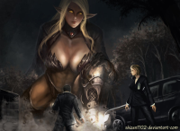 giantess breasts drawing blonde large_breasts long_hair armor sword cleavage yellow_eyes lips tree elf weapon shrunken_woman shrunken_man smoke night jewelry necklace pointed_ears shizen1102 multiple_girls 1boy