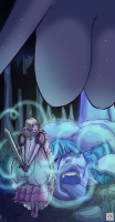 drawing teeth gloves dress weapon shrunken_woman open_mouth holding night frills 1girl puffy_short_sleeves monsieurrobot giantess princess fairy breast_expansion elf monstergirl