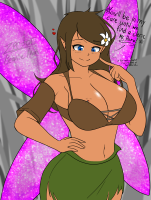giantess fairy breasts blushing long_hair blue_eyes cleavage skirt huge_breasts brunette smiling elf navel hand heart shrunken_man english dark_skin flower looking_at_viewer bare_shoulders pointed_ears hair_ornament closed_mouth solo hair_flower 1girl tehbeanieman
