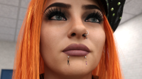 giantess human_jewelry long_hair lips black_eyes face shrunken_woman dangle piercing licking_lips looking_at_viewer orange_hair bangs blurry digital_render celton 1girl