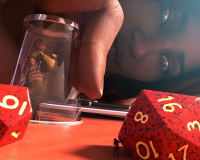 giantess multiple_sizes dice dungeons_and_dragons dnd black_hair brunette smiling glass ball minigirl shrunken_woman trapped indoors looking_at_viewer jetslasher digital_render solo 1girl paper_lantern