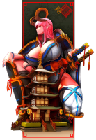giantess breasts long_hair armor blue_eyes sword cleavage huge_breasts pink_hair kimono squatting sandals weapon japanese thighs nail_polish thigh_highs blue_nails thick_thighs pointed_ears 1girl acudraws chrlorez-ar tiny_house