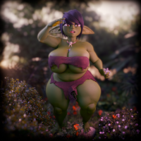 giantess goblin shortstack scrag_boy breasts black_hair handheld cleavage purple_hair red_eyes huge_breasts elf short_hair underboob fangs shrunken_man dark_skin thighs curvy monster_girl ripped_clothing thick_thighs pointed_ears strapless