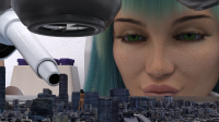 city black_hair gun buildings green_eyes lips shrunken_woman portrait skyscraper close_up vehicles looking_at_viewer science_fiction microscope rifle digital_render miniature_city solo realistic 1girl photorealistic inwiththebooks giantess multiple_sizes mini_giantess