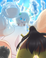 giantess goddess multiple_sizes goblin black_hair long_hair blue_eyes smiling short_hair sun day ball open_mouth cloud outdoors sky behind_view balloon multiple_girls looking_at_another 2girls eyebrows_visible_through_hair tehbeanieman
