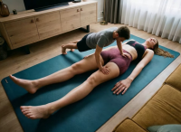 gentle long_hair clothed barefoot brunette lying_down mini_giantess bedroom top push_ups exercising yoga_mat bare_midriff ai_art yoga_shorts