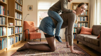 gentle clothed skirt brunette stockings mini_giantess crawling riding living_room sweater looking_at_viewer ai_art tall_tales