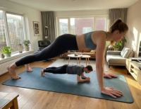 tall_tales gentle clothed barefoot mini_giantess pants living_room sofa push_ups sports_bra exercising yoga_mat ai_art
