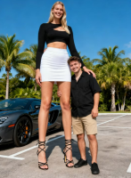 gentle blonde long_hair clothed skirt high_heels smiling mini_giantess standing vehicles size_comparison parking_lot looking_at_viewer ai_art tall_tales