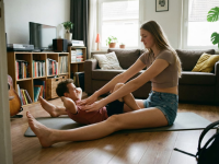 tall_tales gentle long_hair clothed barefoot brunette mini_giantess sitting legs shorts living_room top apartment exercising yoga_mat ai_art sit_ups
