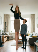 tall_tales gentle clothed barefoot skirt mini_giantess standing size_comparison living_room sweater looking_at_viewer sofa apartment ai_art touching_ceiling