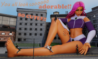 breasts giantess city mega alien black_hair color long_hair toes barefoot buildings green_eyes raven teen_titans gloves street red_hair starfire sitting beast_boy shorts robin pants dark_skin cape top belt cyborg green_nails glowing_eyes on_leg green_skin looking_at_tiny digital_render dc_comics orange_skin bare_legs grey_skin bare_midriff king5claw