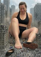feet city black_hair destruction barefoot buildings shoes brunette smiling skyline sitting shorts short_shorts skyscraper under_foot tinies closed_eyes top squished 1girl photo_background shoes_removed no_socks giantess ai_art