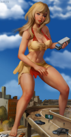 breasts drawing giantess city mega blonde color large_breasts long_hair destruction blue_eyes handheld toes barefoot cleavage bra skirt parody vehicles straddling ripped_clothing attack_of_the_50_foot_woman cracked_ground bare_legs makeshift_clothing bare_midriff adgts