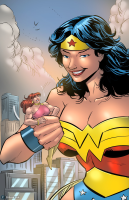 breasts drawing giantess city black_hair color large_breasts blue_eyes handheld cleavage buildings smiling giganta red_hair ponytail boots muscles shrunken_woman wonder_woman earrings leotard bracelet tiara lasso looking_at_tiny dc_comics bare_legs shrinkfan
