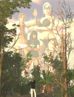breasts giantess white_hair panties mega black_hair large_breasts cleavage bra multiple_sizes red_hair giantesses mask forest dark_skin earrings trees scarf digital_render mary_jane black_cat bare_legs ms_marvel marvel_comics kamala_khan bare_midriff peter_parker felicia_hardy bewaremypower17 spider-man