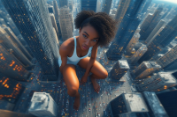 black_hair swimsuit barefoot buildings smiling short_hair black_eyes skyscraper looking_at_viewer city_lights one-piece_swimsuit 1girl ai_art giantess city dark_skin