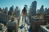 giantess city barefoot walking ai_art black_hair long_hair buildings foot_crush day skyscraper standing outdoors sky rooftop behind_view scenery 1girl