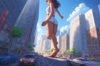 giantess crush manga city anime walking ai_art black_hair long_hair butt barefoot buildings brunette foot_crush day shorts skyscraper cloud standing vehicles outdoors sky sleeveless motor_vehicle