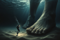 feet barefoot ocean diving point_of_view imminent_death imminent_crush imminent_footcrush giant male shrunken_man scuba_diver ai_art