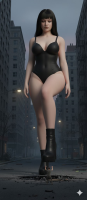 breasts city mega black_hair long_hair swimsuit destruction cleavage high_heels buildings thighs imminent_crush cracked_ground looking_at_tiny bare_legs ai_art giantess