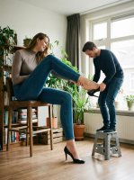 gentle long_hair clothed high_heels jeans brunette mini_giantess foot_worship sitting chair living_room apartment stool ai_art