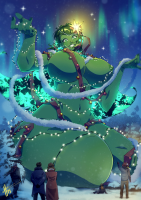 gentle giantess christmas tree dryad plant_girl drawing nipples mega color long_hair green_eyes brunette smiling green_hair kneeling snow forest night thighs lights stars christmas_tree green_skin winter_clothes northern_lights zerohour99 looking_at_tinies