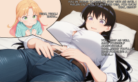breasts giantess blushing size_difference blonde black_hair large_breasts long_hair bed green_eyes jeans purple_eyes smiling pillow lying_down navel shrunken_woman open_mouth pants shirt tears belt hoodie denim white_shirt bangs hood on_back pout multiple_girls ai_art 2girls tearing_up yuegts ruri_rocks nagi_arato ruri_tanigawa cleavage thighs