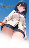 breasts giantess panties blushing giga black_hair long_hair blue_eyes skirt underwear uniform looking_down clouds thighs sky white_panties pleated_skirt bow from_below cardigan black_skirt bangs red_bow long_sleeves bowtie closed_mouth ssss_gridman rikka_takarada solo ai_art scrunchie yuegts wrist_scrunchie mega embarrassed asian