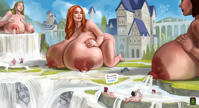 giantess lactation breasts drawing nipples nude blonde long_hair butt huge_breasts castle milk waterfall sky field gigantic_breasts bawdydruid
