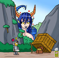 breasts drawing horns tail large_breasts long_hair cleavage blue_hair yellow_eyes knight tree heart shrunken_man outdoors nature treasure_chest gold thedirtymind50 giantess dragon