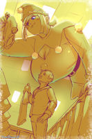 smiling elf shrunken_man hat shopping store santa_hat one_eye_closed flameeliwood giant_elf 1boy male_focus giantess christmas mini_giantess