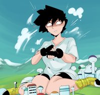 breasts drawing growth giantess city mega black_hair color buildings anime shoes embarrassed gloves short_hair boots kneeling watch shorts dragon_ball thighs dialogue videl bare_legs slugmanoctavio3