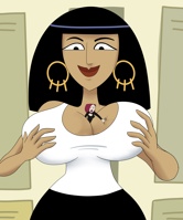 breasts drawing black_hair color large_breasts cleavage purple_hair egyptian shrunken_woman cartoon dark_skin goth cleo choker earrings looking_at_tiny cupping_breasts giantwaifus between_breasts cleopatra clone_high joan joan_of_arc hairband
