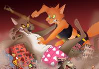breasts drawing giantess furry wolf tail city mega color destruction giant claws toes barefoot rampage helicopter underwear fox shorts fighting night thighs fist hat top ripped_clothing running_away spotlight orange_skin grey_skin dreamworks bare_midriff diane_foxington the_bad_guys mr_wolf anthonydisneyartist mr_snake mr_shark mr_piranha ms_tarantula