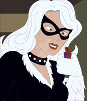 breasts drawing white_hair color long_hair handheld green_eyes smiling collar shrunken_man mask indoors costume looking_at_tiny black_cat spider-man marvel_comics nightcore100 peter_parker felicia_hardy