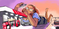 breasts drawing mega large_breasts handheld toes barefoot cleavage glasses brunette brown_eyes lying_down vehicles dark_skin headband mechanic melanie claw7705 bare_legs gas_station flashlight giantess