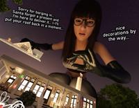breasts giantess mega black_hair long_hair skirt glasses christmas socks gloves kneeling shorts night top dialogue stars lauren pinched digital_render bare_midriff lifting_roof anttiergod