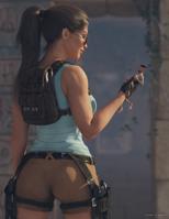 breasts nude butt handheld brunette gloves ponytail shorts sunglasses thighs belt lara_croft backpack looking_at_tiny digital_render caddyisraddy tomb_rider barefoot