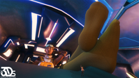 breasts giantess blonde black_hair socks gloves spaceship sitting unaware shrunken_woman pants dark_skin legs_crossed digital_render ellie parvati js3ds outer_worlds goggles