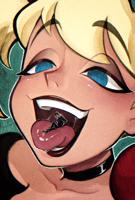 drawing giantess vore blonde black_hair color tongue blue_eyes saliva harley_quinn choker costume imminent_vore on_tongue dc_comics nightwing