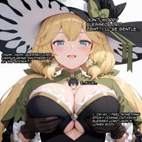 breasts giantess blushing size_difference blonde black_hair large_breasts long_hair blue_eyes cleavage yellow_eyes smiling gloves photoshop twintails shrunken_man open_mouth hat bow hair_bow looking_at_viewer bangs no_background witch_hat between_breasts frills ai_art simple_background upper_body yuegts black_headwear mugen_gacha ellie_(mugen_gacha) light_(mugen_gacha) capelet low_twintails green_bow hat_bow frilled_sleeves